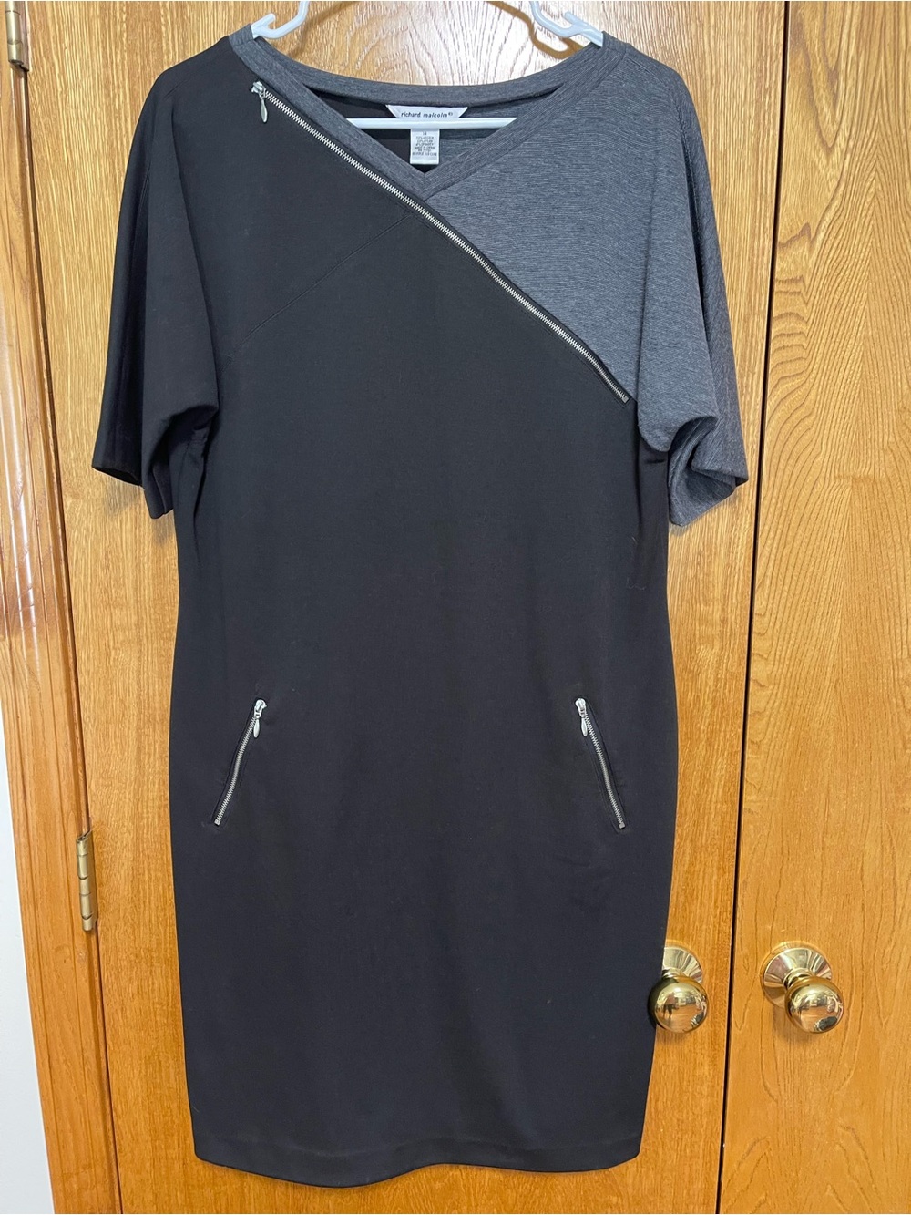 Asymmetrical Black & Gray Midi Dress with Zip Details